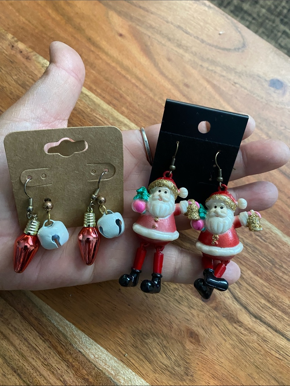 Santa Bell and light bulb Christmas Earrings - Red, White, Gold 3 pairs